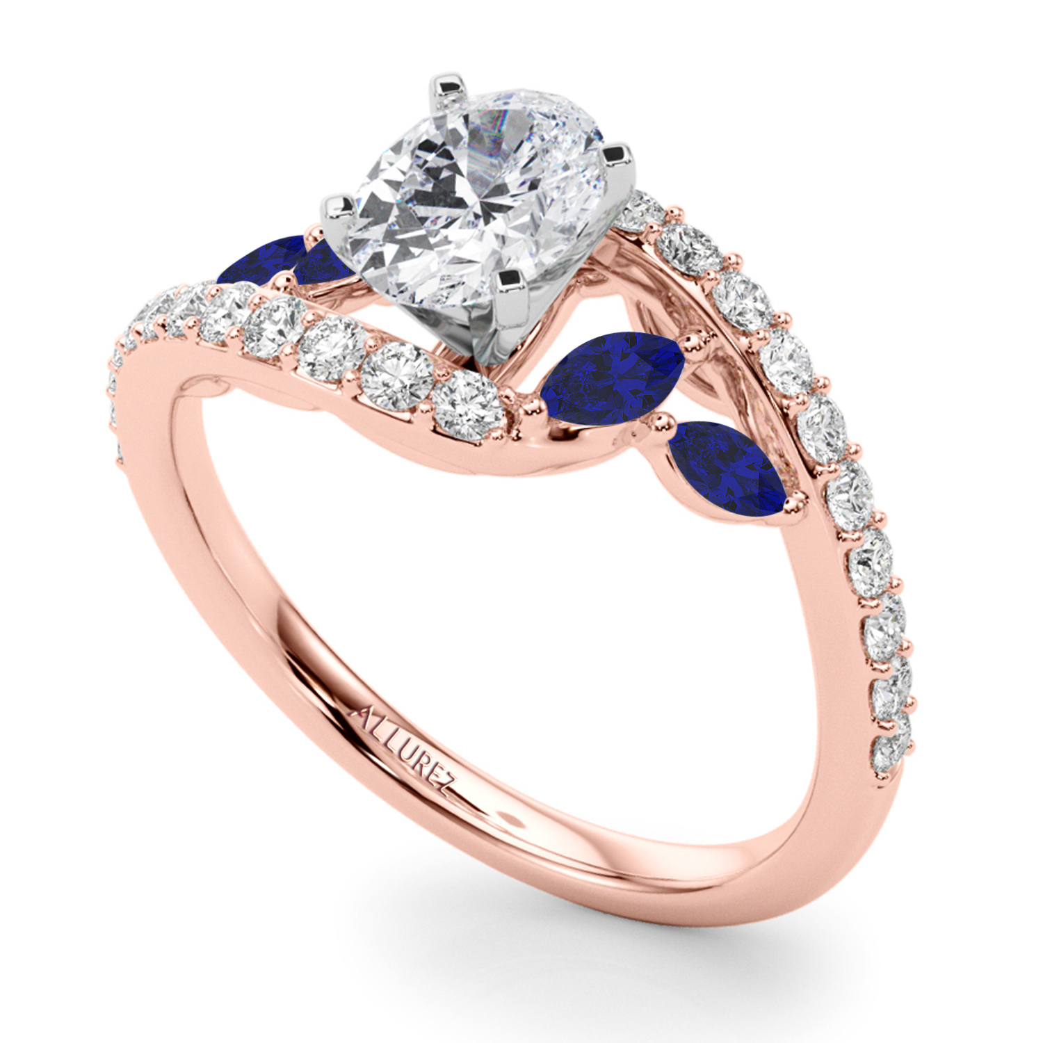 Swirl Design Lab Grown Diamond & Marquise Sapphire Engagement Ring 14K Rose Gold (0.63ct)